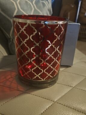 Fitz and Floyd Red Glass Votive with Silver Lattice